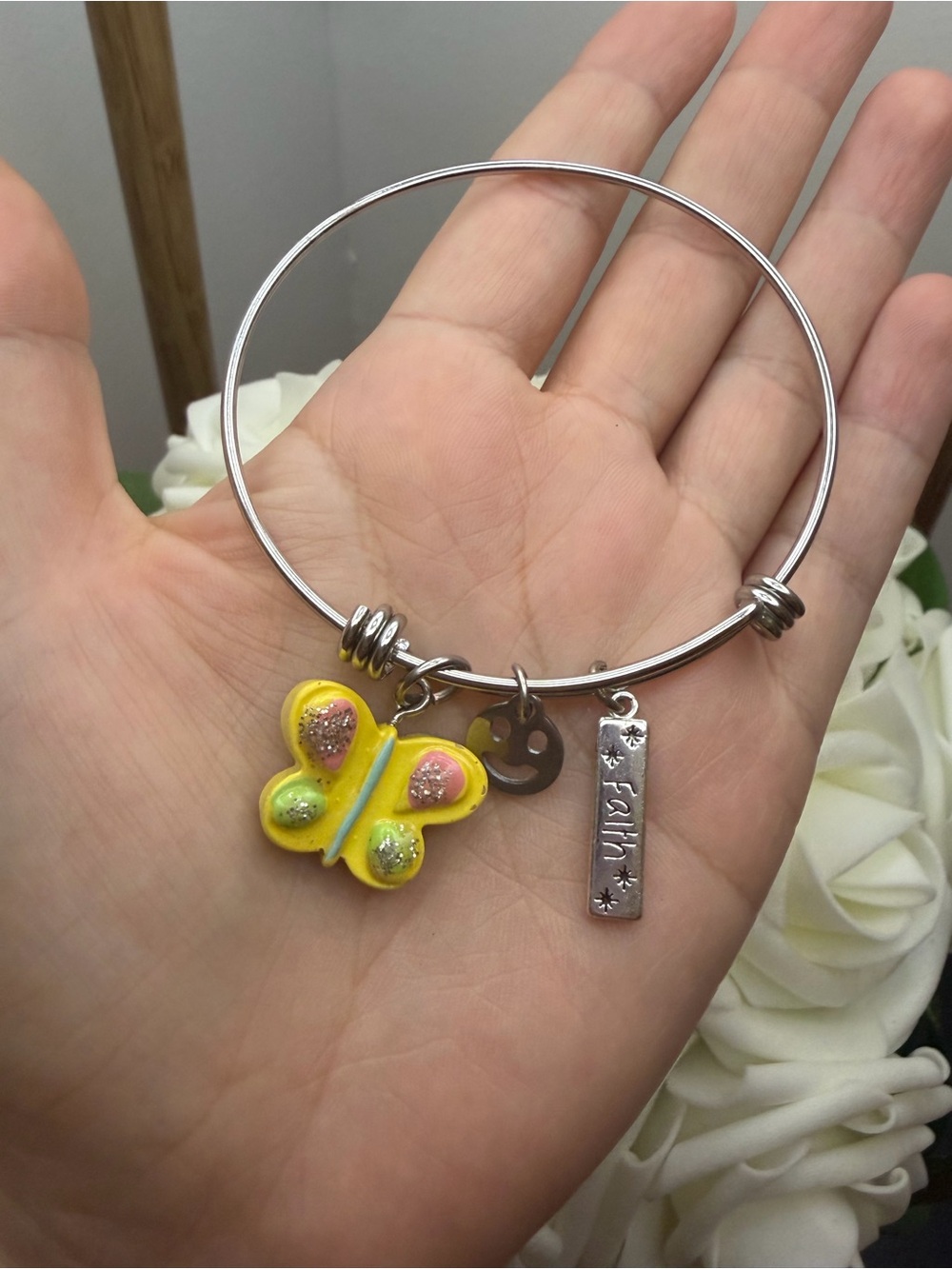 Butterfly Charm Bangle Bracelet - Yellow